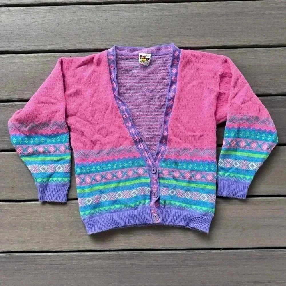 Vintage Hot Fudge Girls Fair Isle Cardigan Size 10/12 Pink Purple‎
